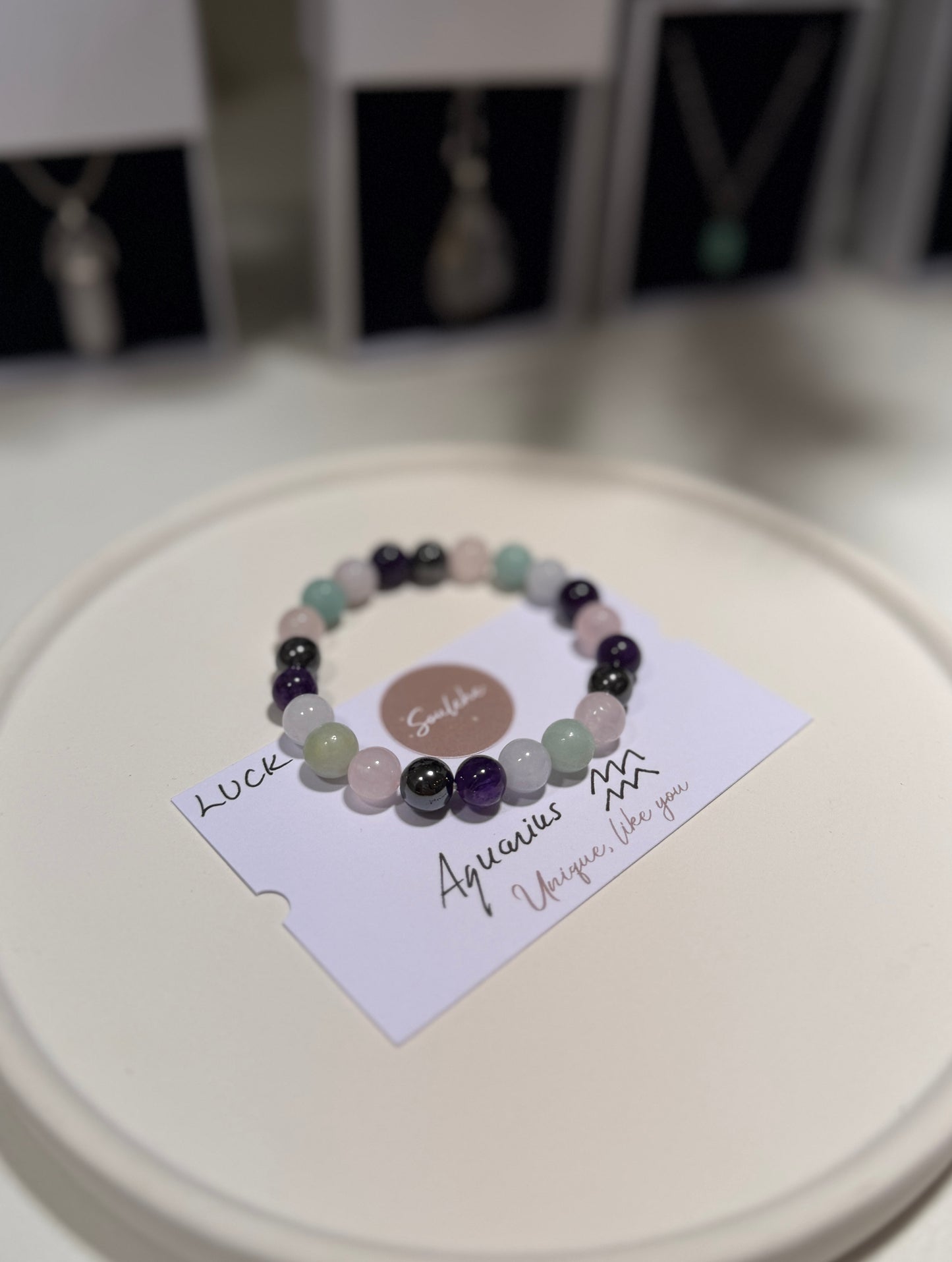 Aquarius Luck Bracelet with Aquamarine, Rose Quartz, Amazonite, Hematite and Amethyst, handmade – Soulehe.