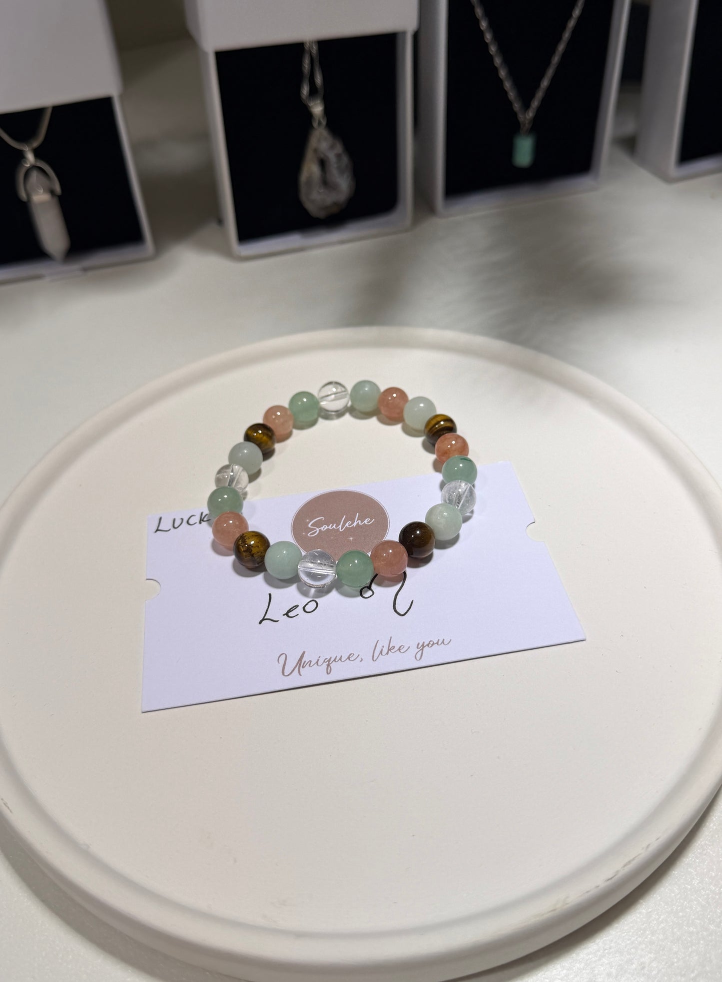 Leo Luck Bracelet with Amazonite, Green Aventurine, Tiger Eye, Sunstone and Clear Quartz, handmade – Soulehe.