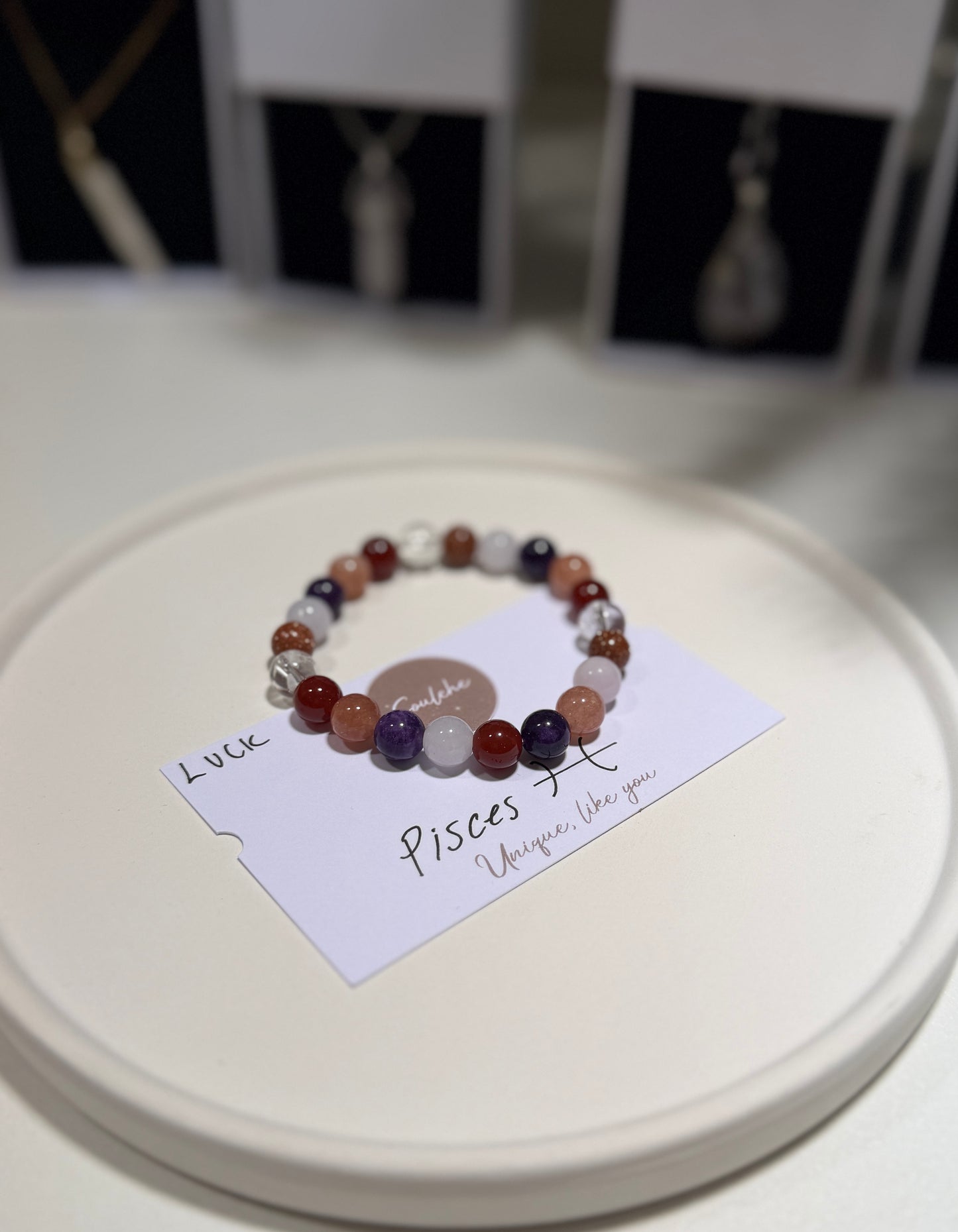 Pisces Luck Bracelet with Carnelian, Sandstone, Sunstone, Aquamarine, Amethyst and Clear Quartz, handmade – Soulehe.