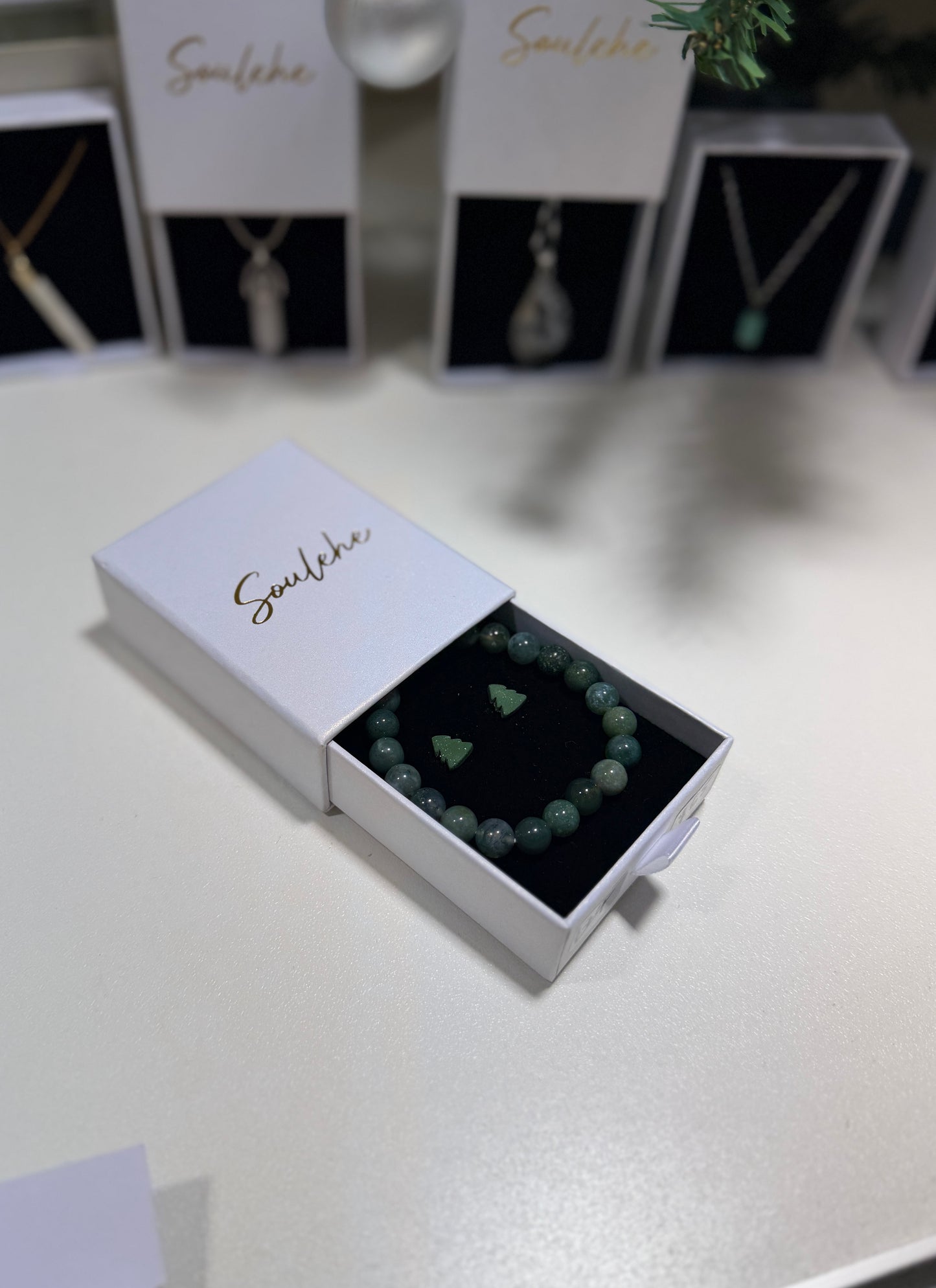 Polymer clay Christmas tree earrings with Moss Agate beaded bracelet.