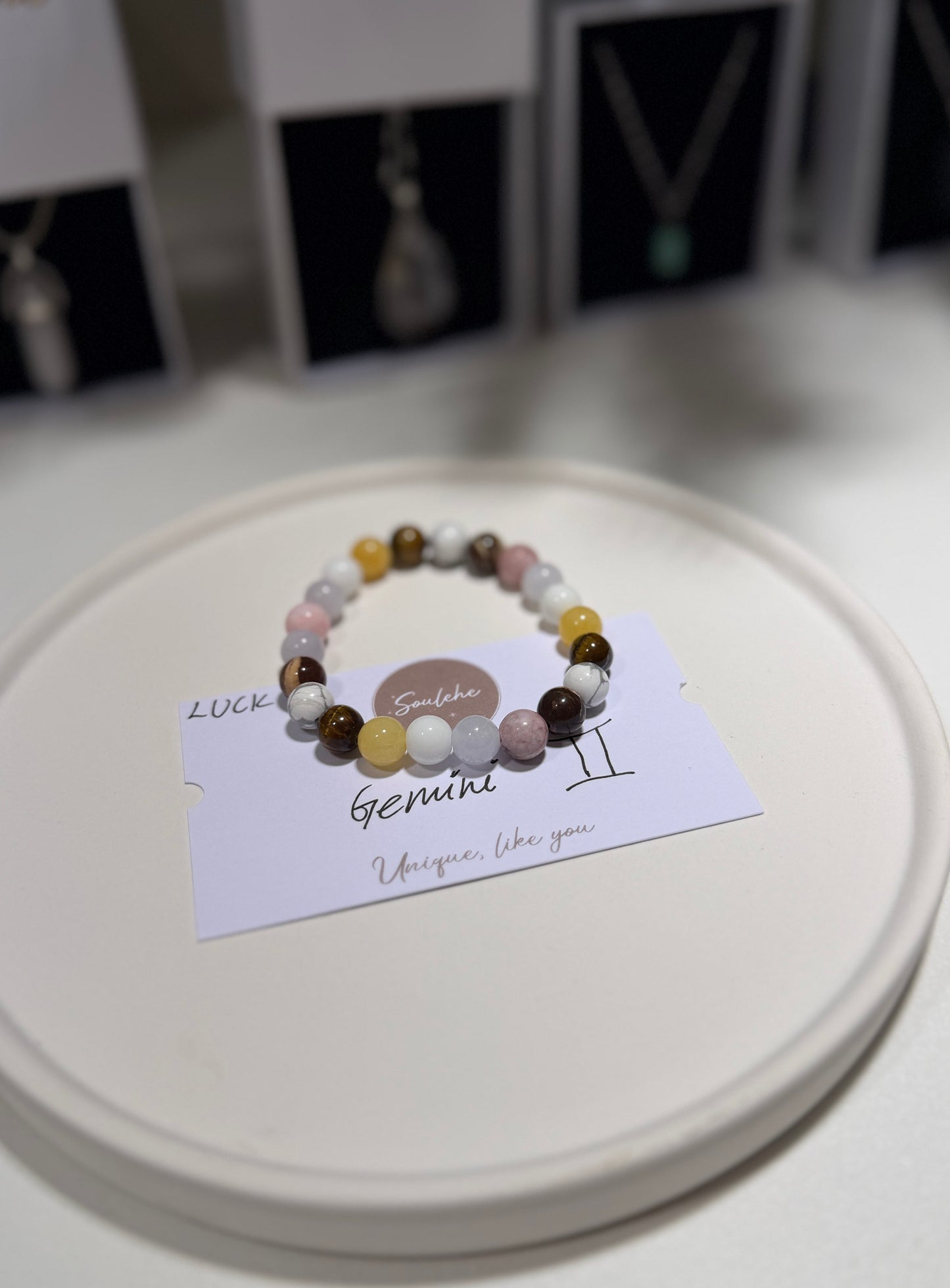Gemini Luck Bracelet with Tiger Eye, Howlite, Pink Zebra, Aquamarine, White Agate, Australia Zebra and Citrine, handmade – Soulehe.