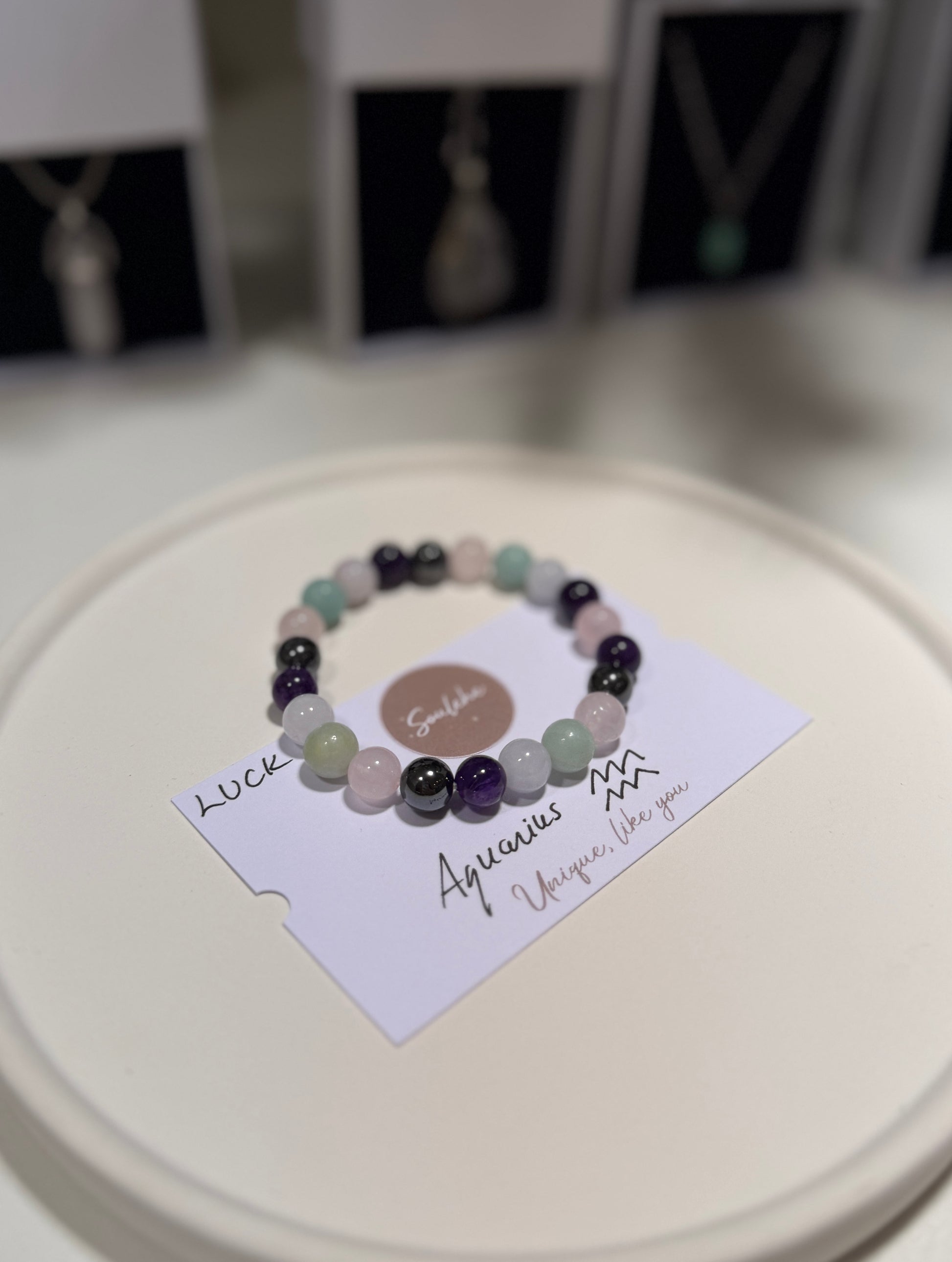 Aquarius Luck Bracelet with Aquamarine, Rose Quartz, Amazonite, Hematite and Amethyst, handmade – Soulehe.