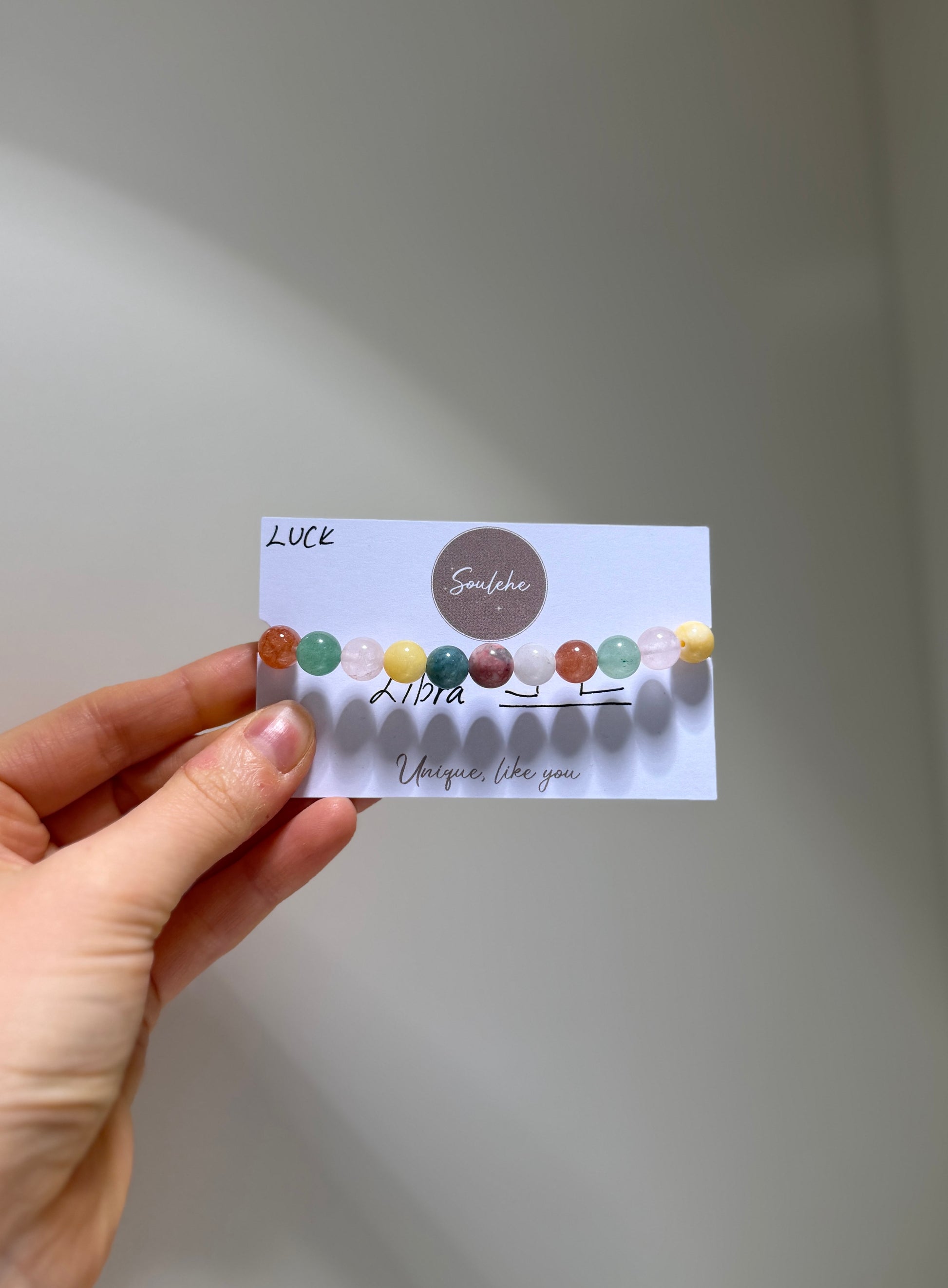 Libra Luck Bracelet with Sunstone, Green Aventurine, Jade, Citrine, Aquamarine, Rose Quartz and Pink Zebra, handmade – Soulehe.