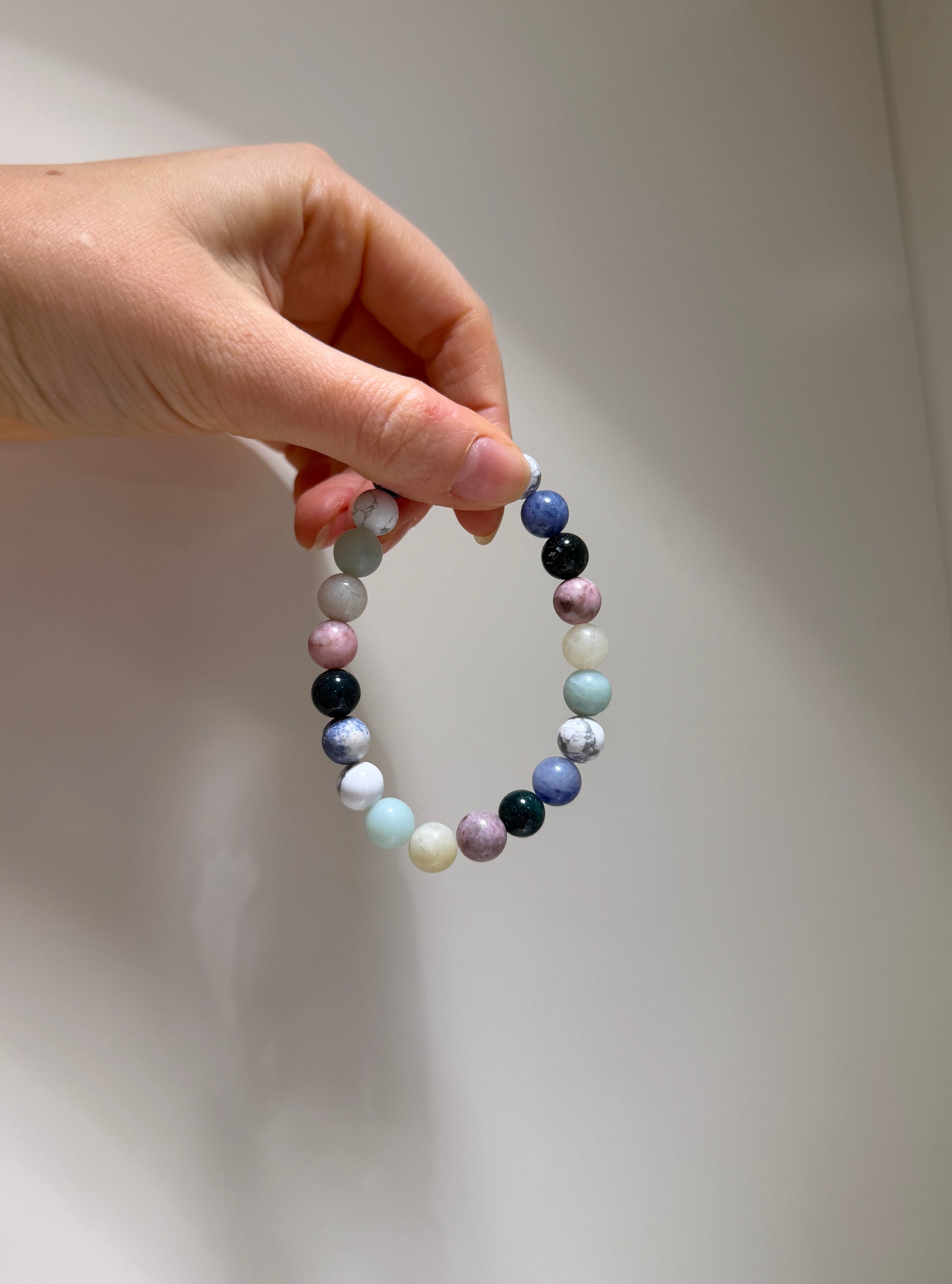 Virgo Luck Bracelet with Amazonite, Pink Zebra, Bamboo Agate, Moss Agate, Blue Sodalite and Howlite, handmade – Soulehe.
