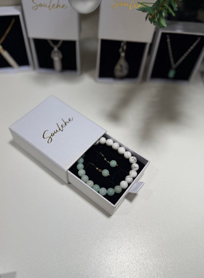 Amazonite earrings with matching Amazonite and Howlite bracelet.