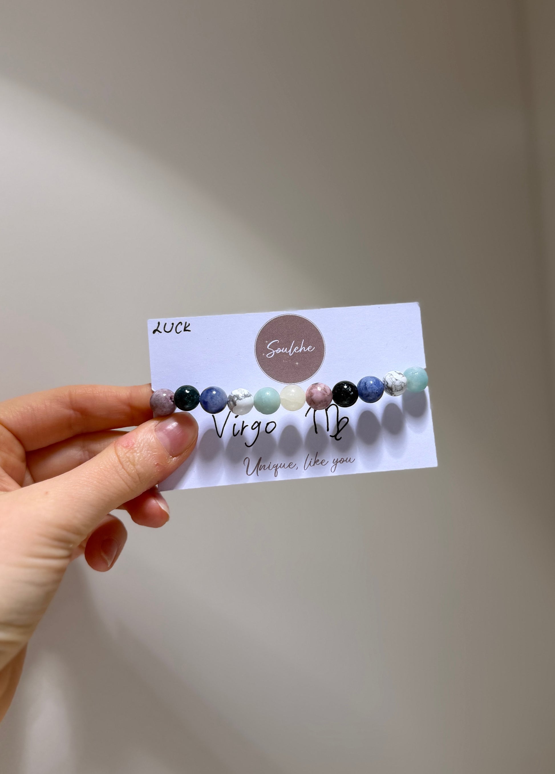 Virgo Luck Bracelet with Amazonite, Pink Zebra, Bamboo Agate, Moss Agate, Blue Sodalite and Howlite, handmade – Soulehe.