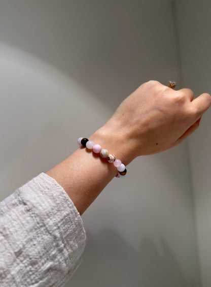Taurus Luck Bracelet with Pink Zebra, Rose Quartz, Aquamarine, Australia Jasper, Bamboo Agate, Pink Aventurine and Tiger Eye, handmade – Soulehe.