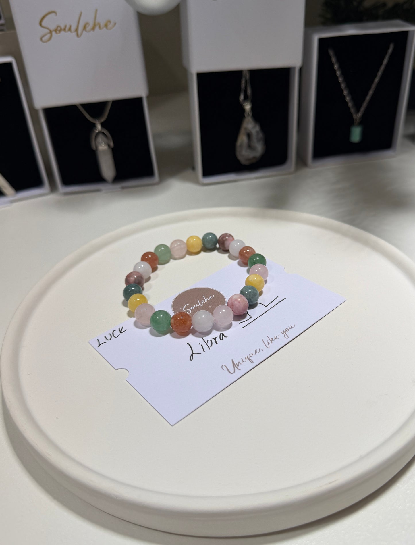 Libra Luck Bracelet with Sunstone, Green Aventurine, Jade, Citrine, Aquamarine, Rose Quartz and Pink Zebra, handmade – Soulehe.