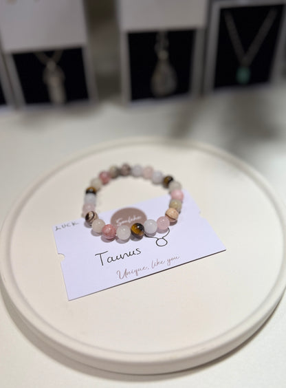 Taurus Luck Bracelet with Pink Zebra, Rose Quartz, Aquamarine, Australia Jasper, Bamboo Agate, Pink Aventurine and Tiger Eye, handmade – Soulehe.