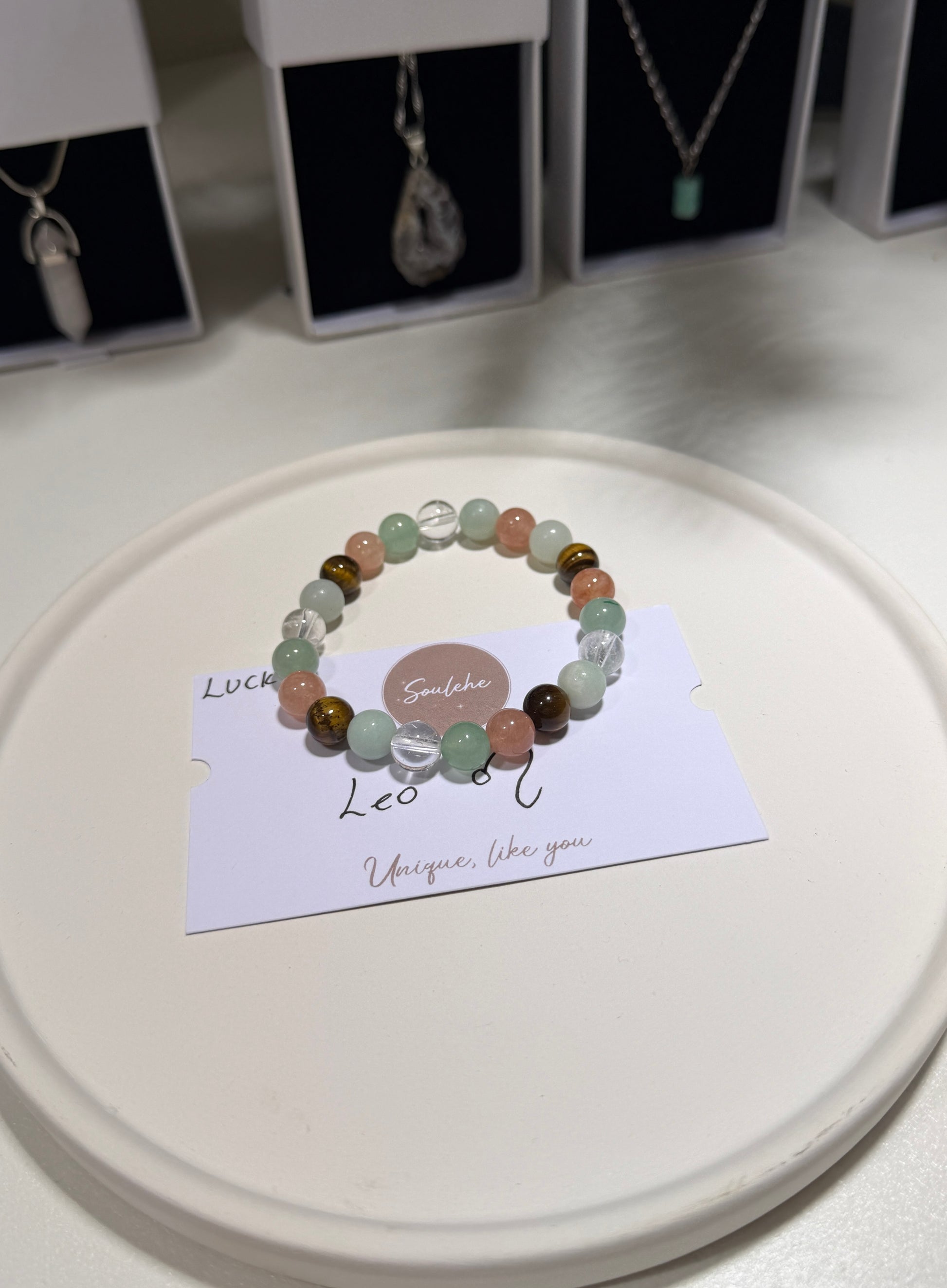 Leo Luck Bracelet with Amazonite, Green Aventurine, Tiger Eye, Sunstone and Clear Quartz, handmade – Soulehe.