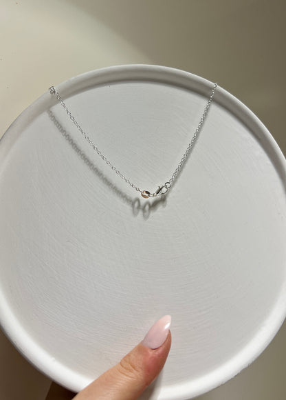 Silver necklace on a white plate held by a hand with pink nail polish.