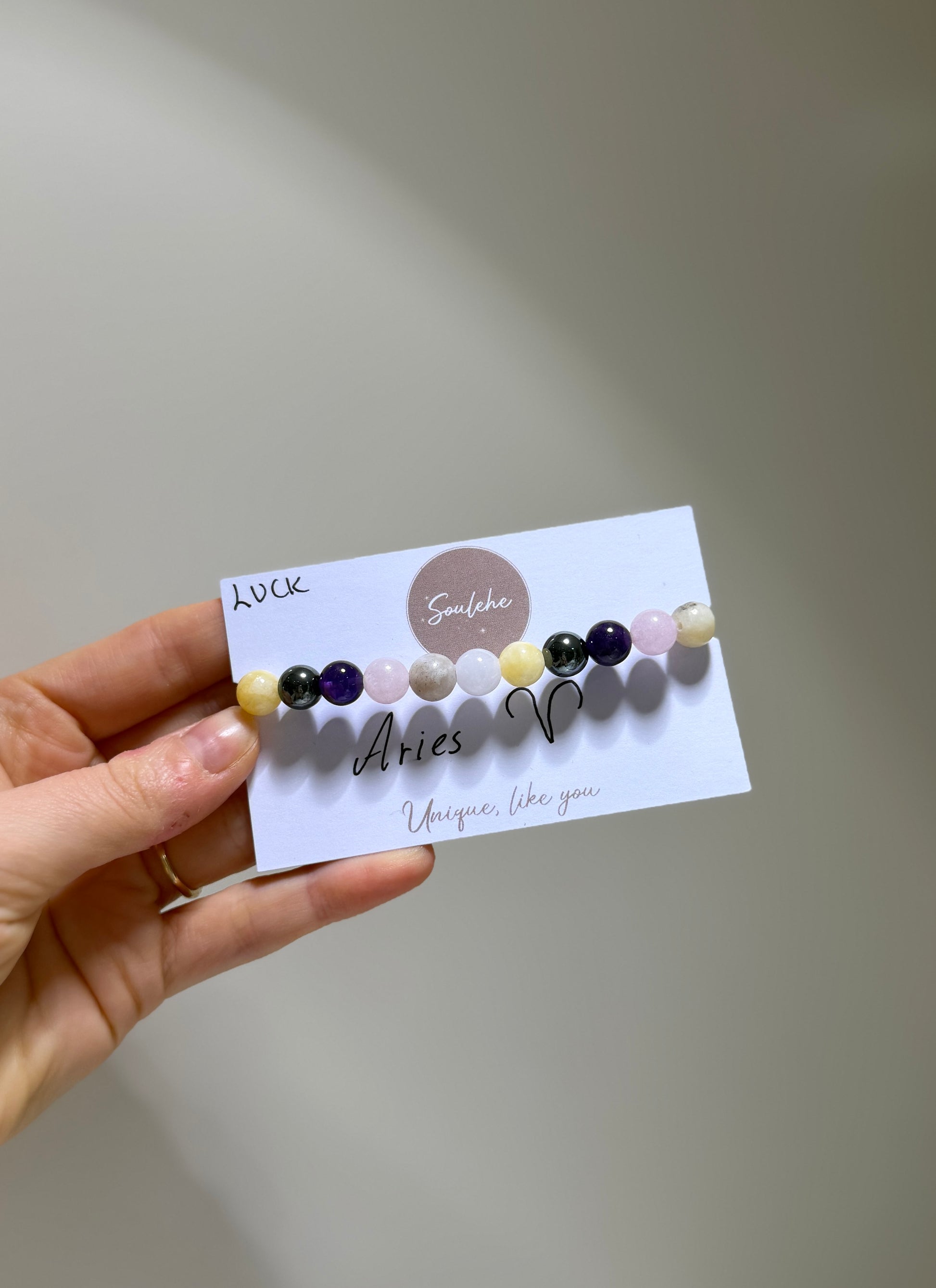 Aries Luck Bracelet with Rose Quartz, Aquamarine, Amethyst, Hematite, Amazonite and Citrine, handmade – Soulehe.