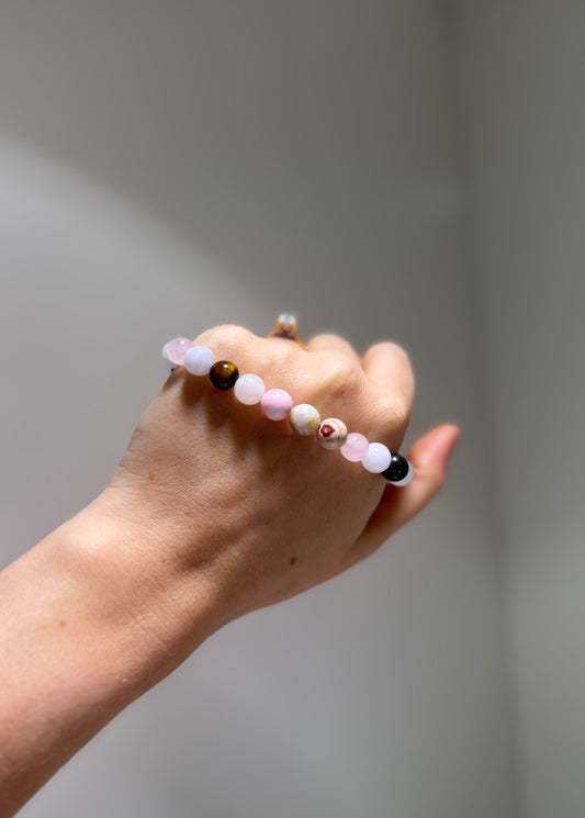 Taurus Luck Bracelet with Pink Zebra, Rose Quartz, Aquamarine, Australia Jasper, Bamboo Agate, Pink Aventurine and Tiger Eye, handmade – Soulehe.