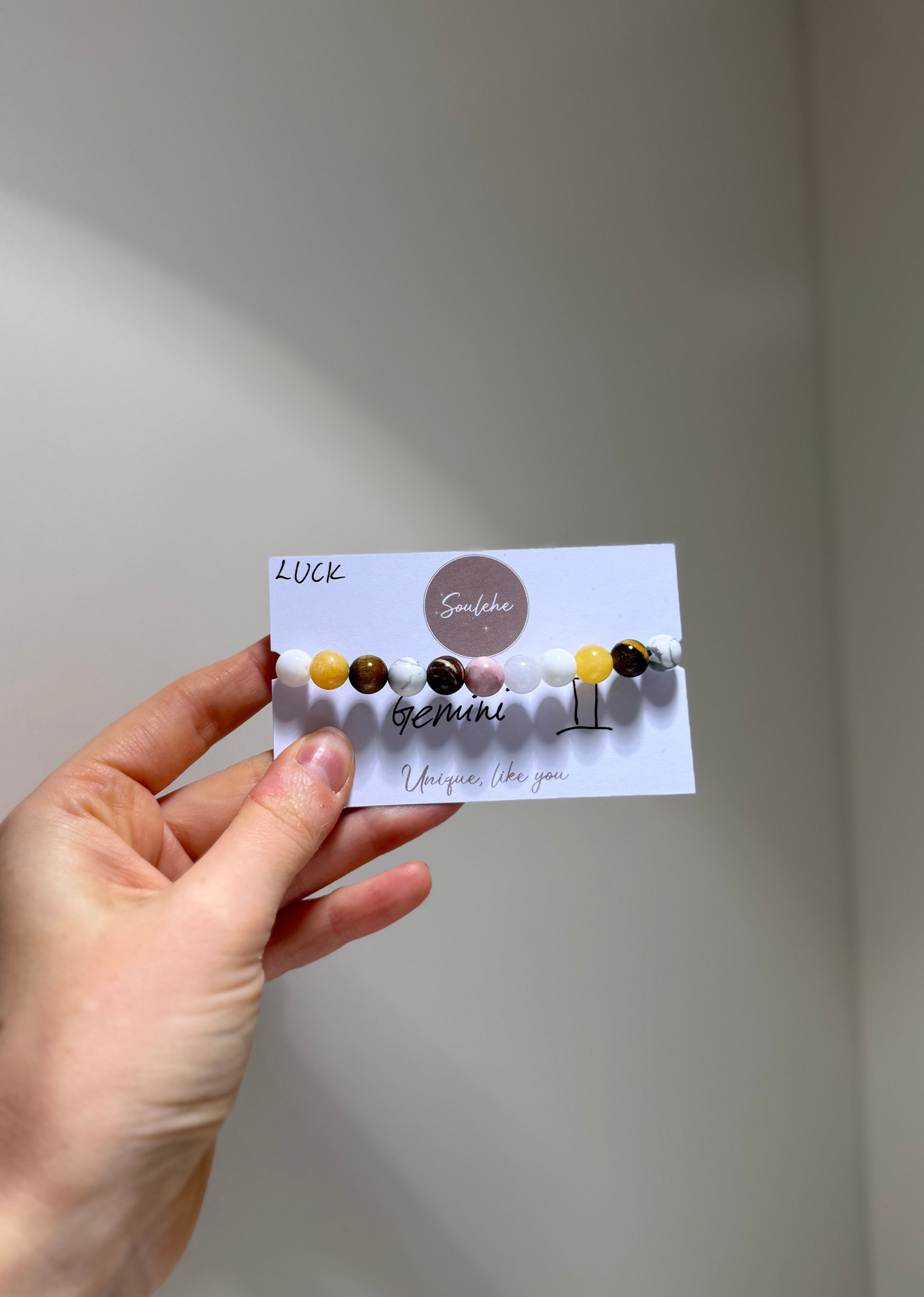 Gemini Luck Bracelet with Tiger Eye, Howlite, Pink Zebra, Aquamarine, White Agate, Australia Zebra and Citrine, handmade – Soulehe.