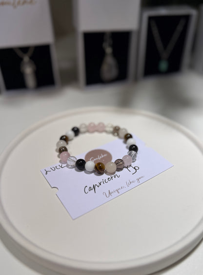 Capricorn Luck Bracelet with Rose Quartz, Obsidian, Clear Quartz, Tiger Eye, White Agate and Pink Aventurine, handmade – Soulehe.