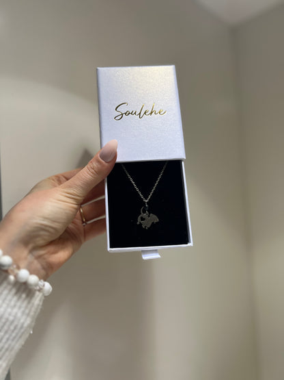 Hand holding a necklace in a 'Soulehe' branded box against a neutral background
