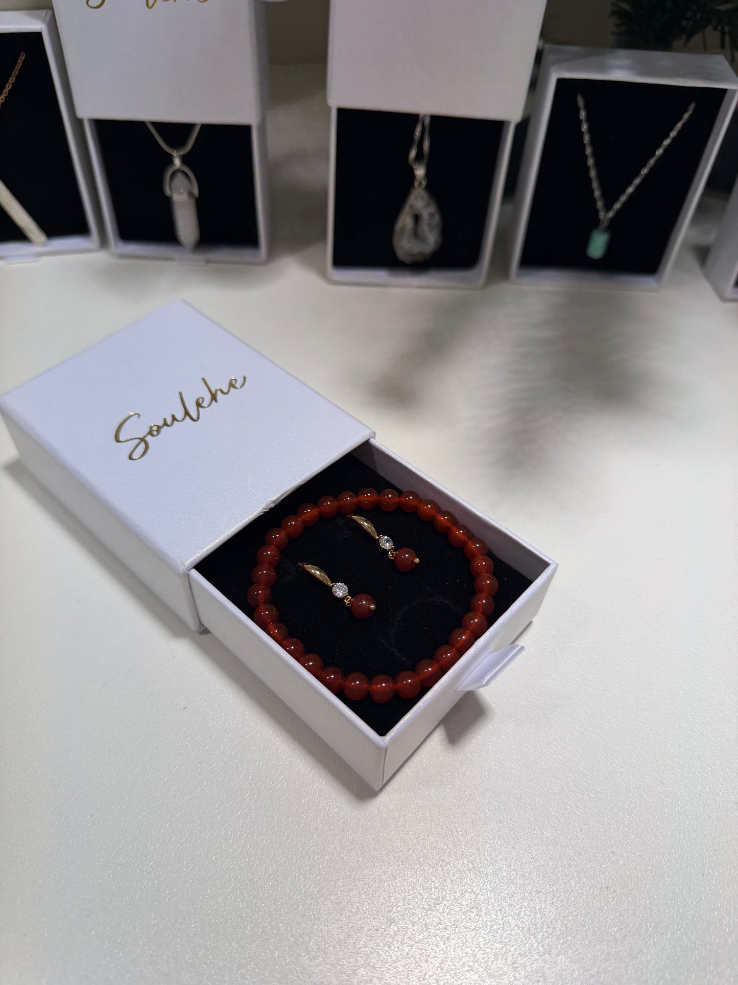 Carnelian bracelet with matching gold Carnelian earrings.