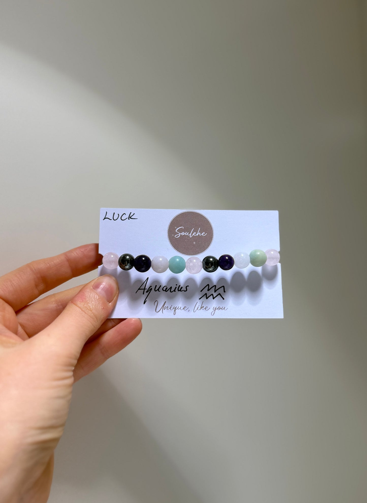 Aquarius Luck Bracelet with Aquamarine, Rose Quartz, Amazonite, Hematite and Amethyst, handmade – Soulehe.