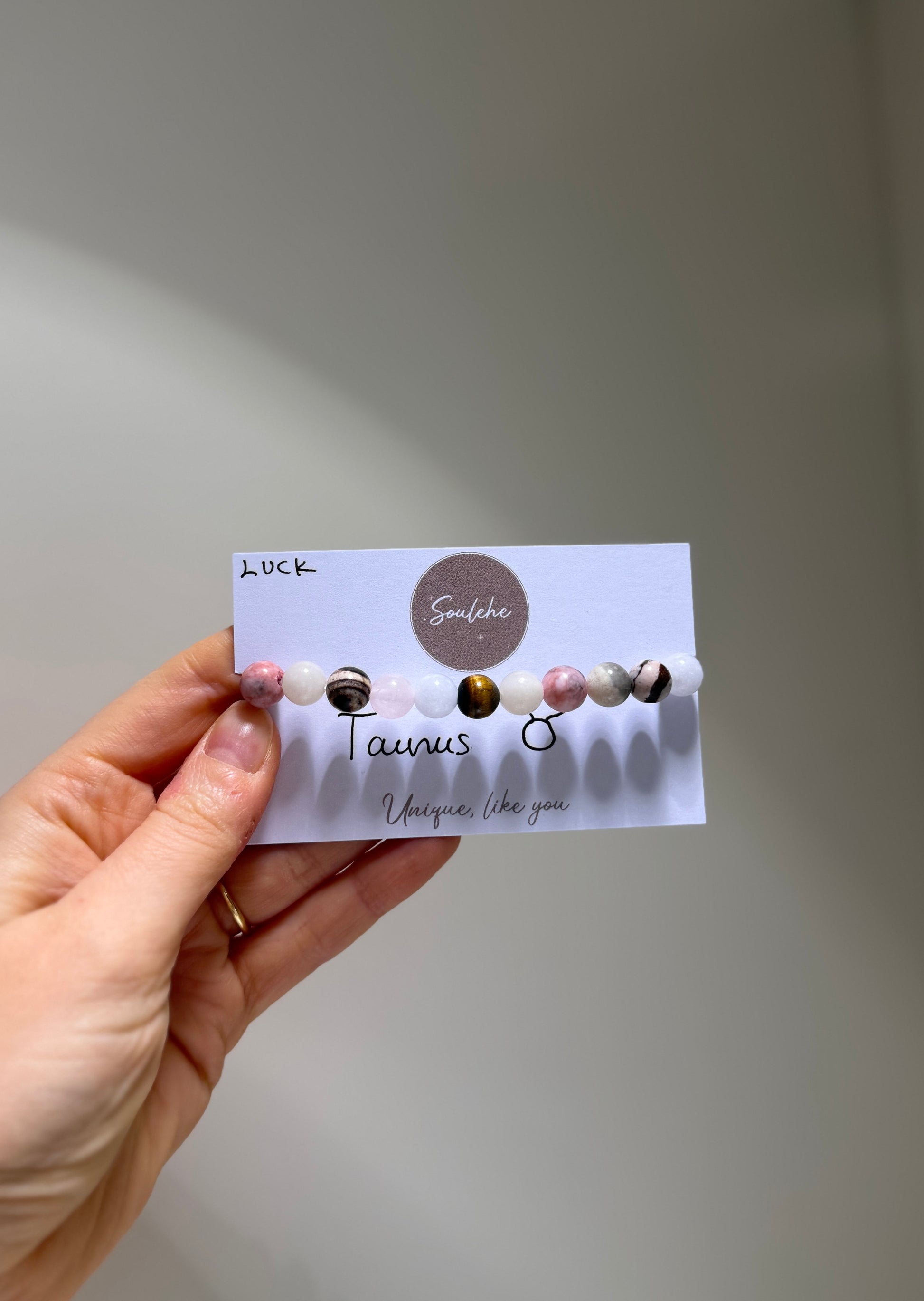 Taurus Luck Bracelet with Pink Zebra, Rose Quartz, Aquamarine, Australia Jasper, Bamboo Agate, Pink Aventurine and Tiger Eye, handmade – Soulehe.