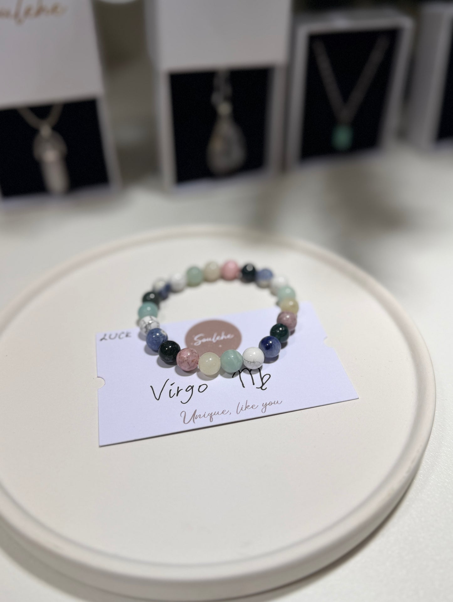 Virgo Luck Bracelet with Amazonite, Pink Zebra, Bamboo Agate, Moss Agate, Blue Sodalite and Howlite, handmade – Soulehe.