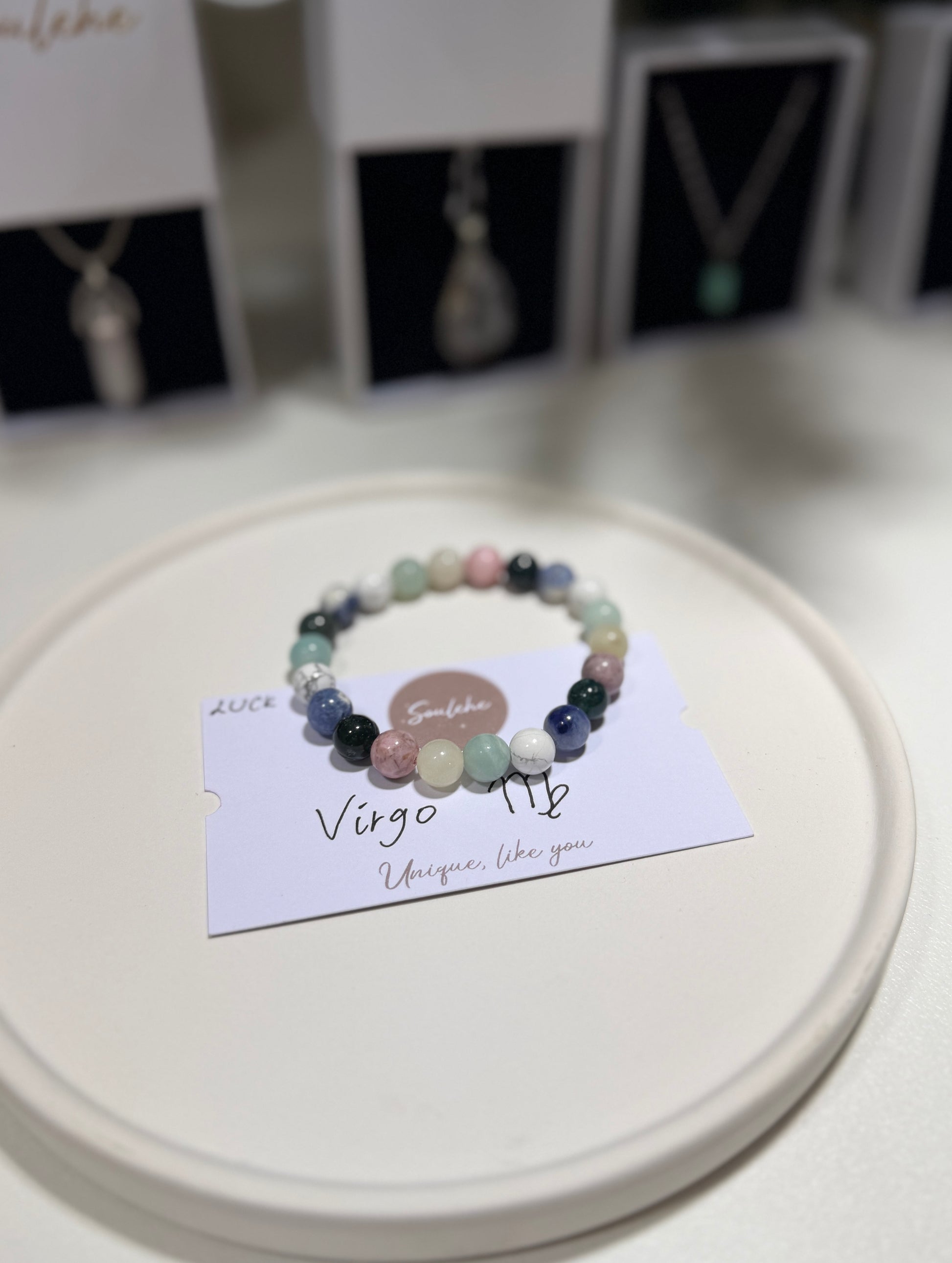Virgo Luck Bracelet with Amazonite, Pink Zebra, Bamboo Agate, Moss Agate, Blue Sodalite and Howlite, handmade – Soulehe.